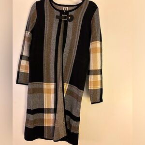 Anne Klein sweater open cardigan camel plaid with belt buckle
